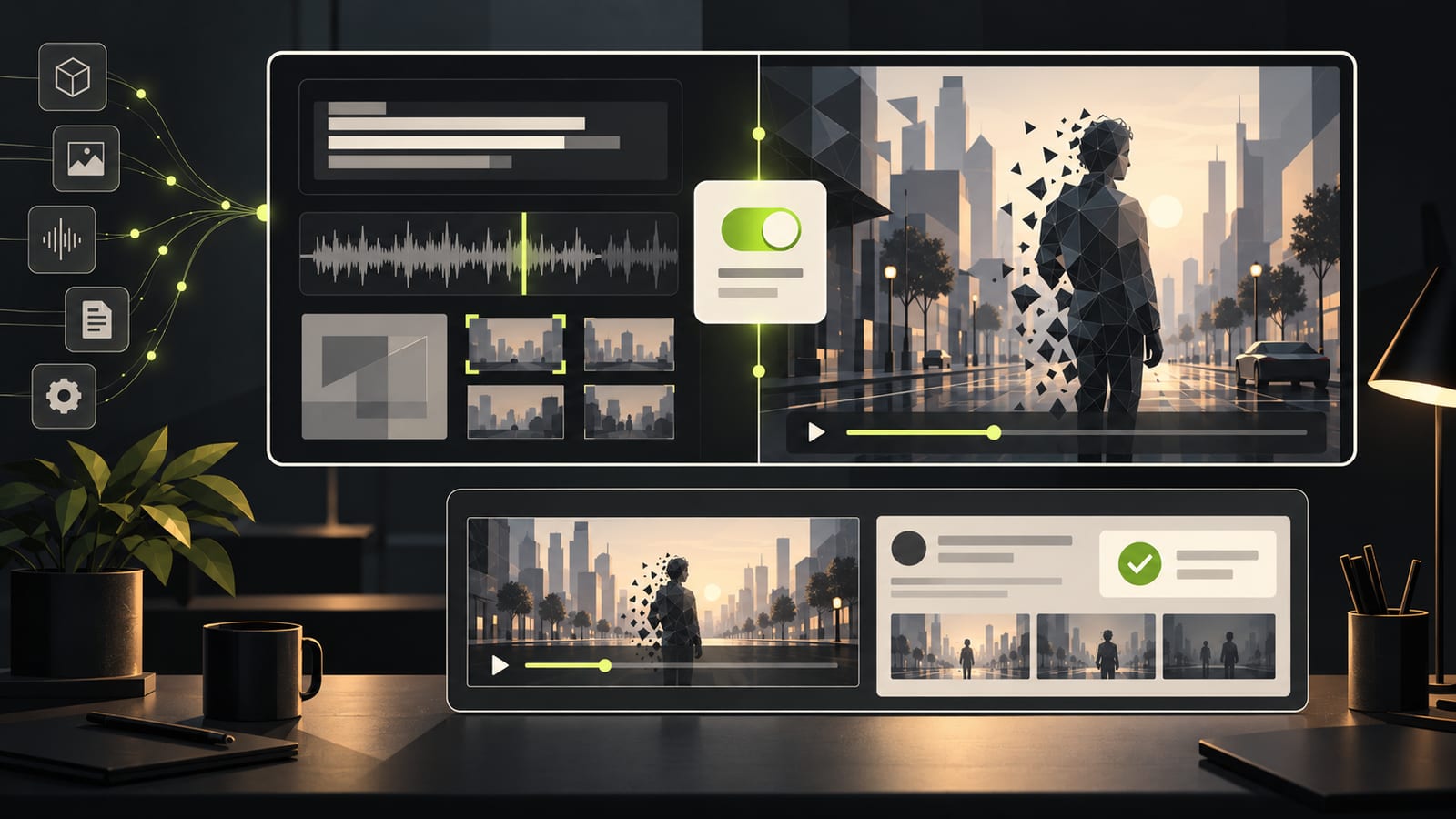 Editorial illustration of a video publishing review interface showing production tools, a synthetic city scene, disclosure toggle, provenance nodes and a final verification panel.